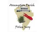 Logo of assumption parish police jury about Louisiana claims administrators featuring a courthouse, a lobster, greenery, and a map outline.