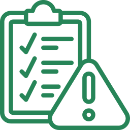 A green clipboard icon with a check-list and an exclamation mark warning symbol for Claims Assistance.