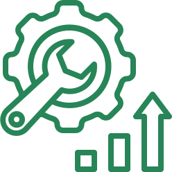 Graphical representation of optimization or process improvement in business or technology with a wrench symbolizing tool or adjustment, gear for processes, and a rising arrow for growth or progress, including claims assistance.